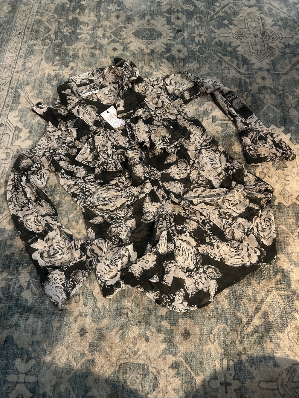 CAbi Sheer Ruffle Floral Black and White Blouse